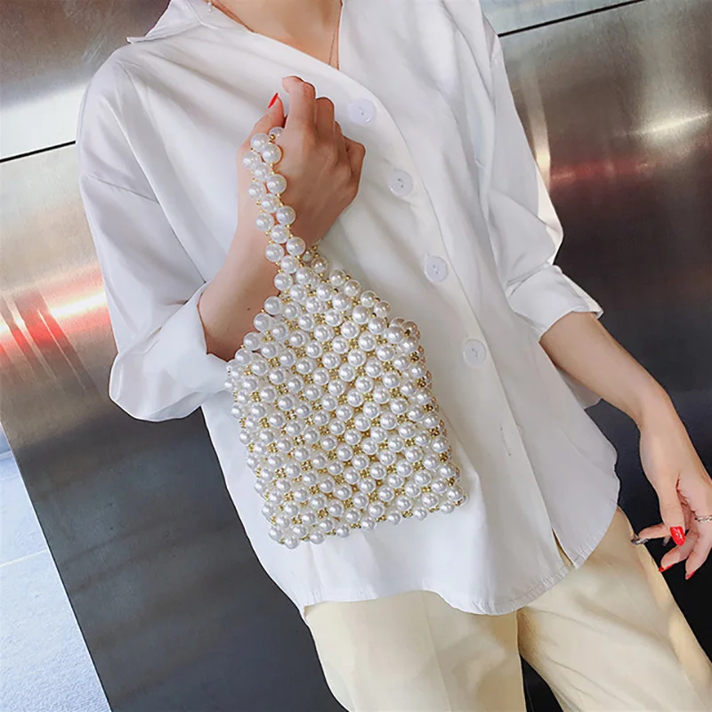 

Women Evening Party Handbag Pearl Handmade Beaded Small Tote Bags Luxury Ladies Shoulder Messenger Bags Mini Bridal Purse Clutch
