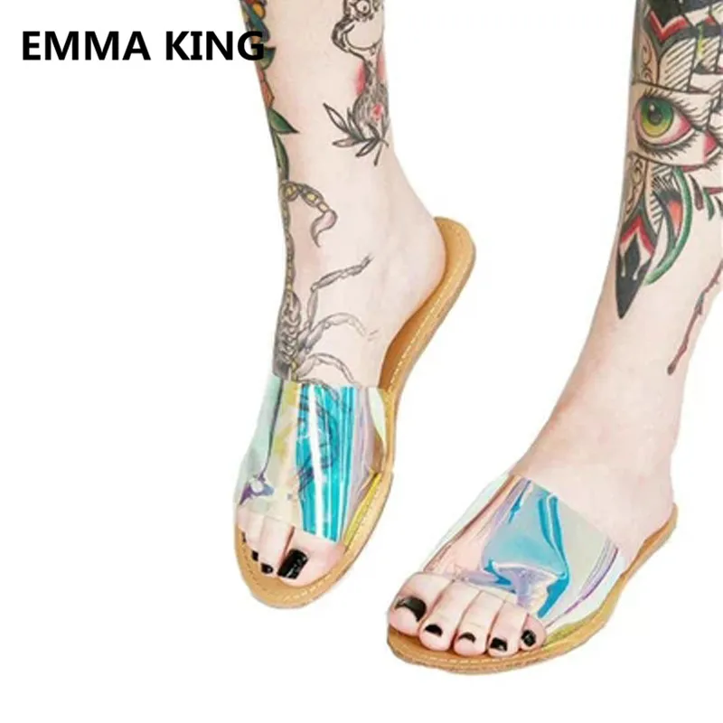 

2019 Runway Glitter PVC Transparent Women Slippers Roman Sandals Open Toe Casual Ladies Summer Beach Shoes Woman Flats Slippers