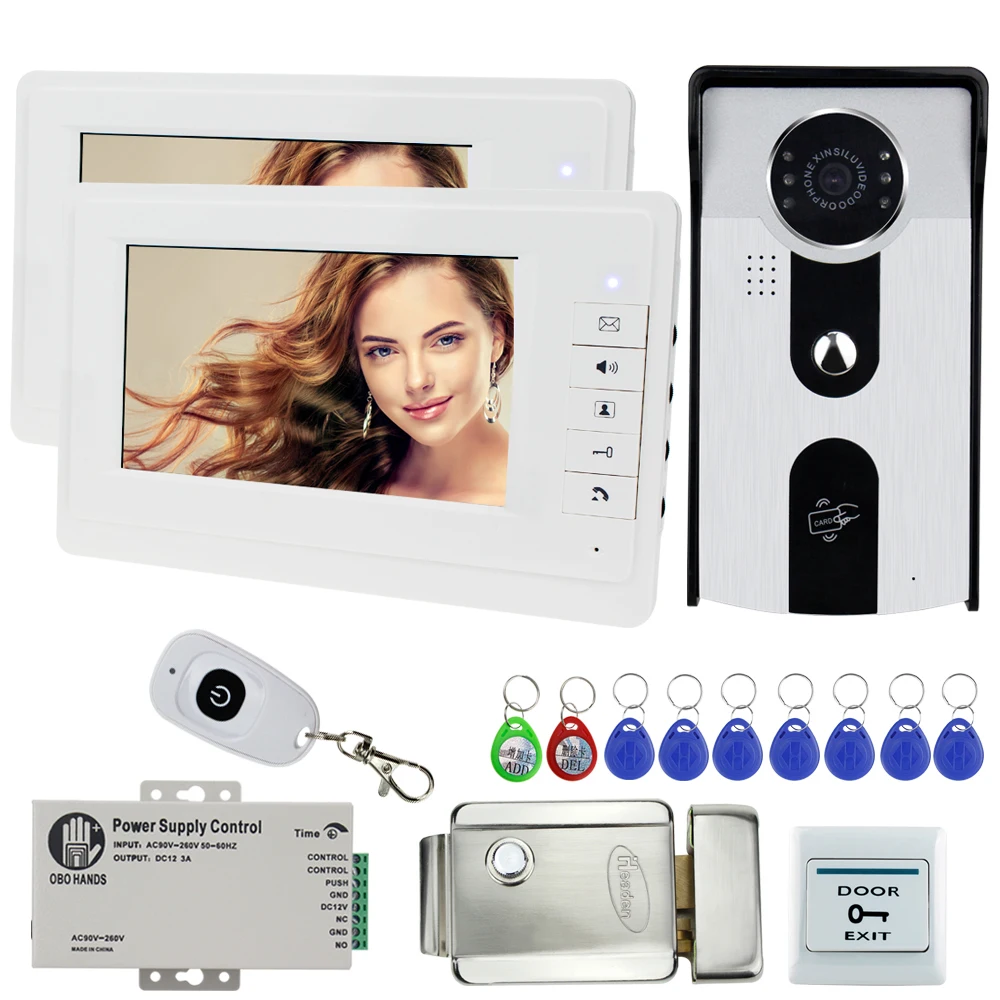 

7'' TFT Wired Video Door Phone Intercom System RFID IR Night Vision Camera with Color Monitors + Electric Control Lock for Home