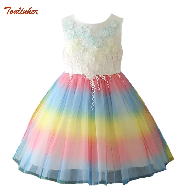 

Fancy Flower Beading Designed Rainbow Dress For Princess Girls Wedding Party Dresses Kids Girls Chirldren Easter Costume 2-10Yr