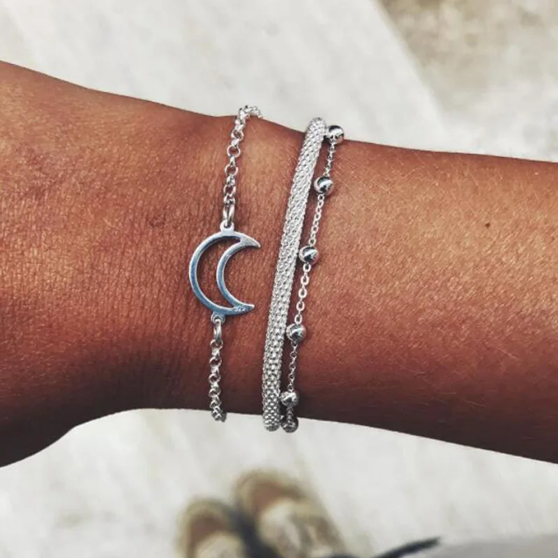 

2019 Vintage Ancient Silver Hollow Moon Beaded Charm Bracelets For Women Fashion Simple Bracelet Bangles Set Anklet Boho Jewelry