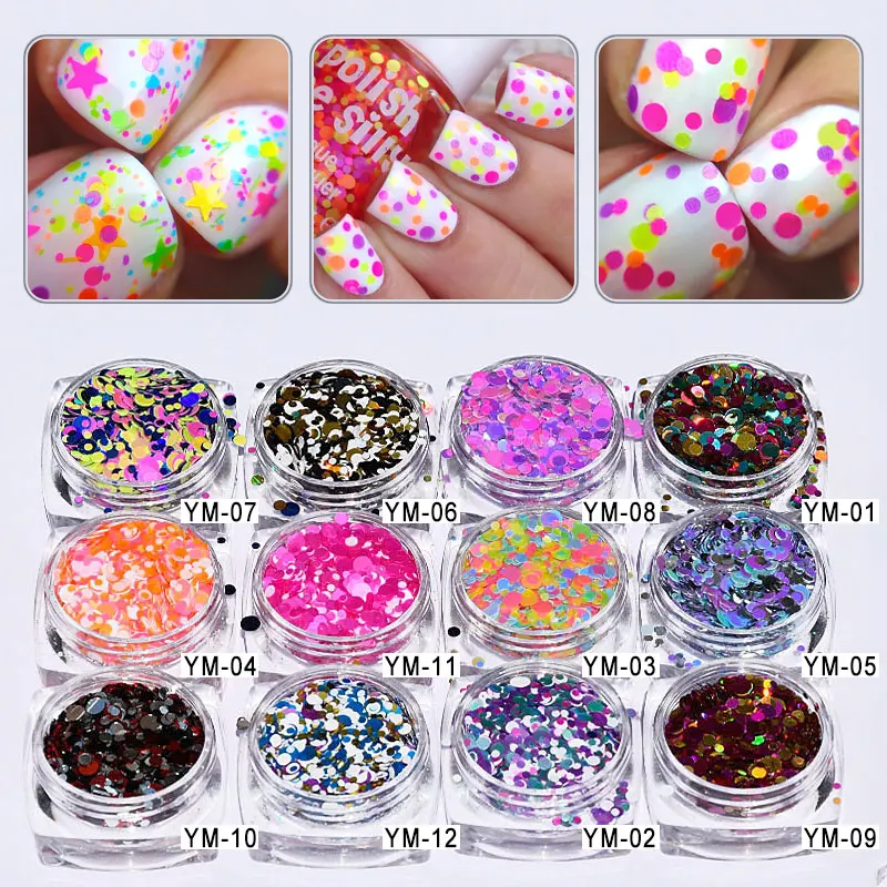 

##YM01-12 5ml/jar 12jars/lot 1mm 2mm 3mm Mixed Glitter Nail Holographic Glitter Acrylic Glitter Mixes Holo Sequins Round Glitter
