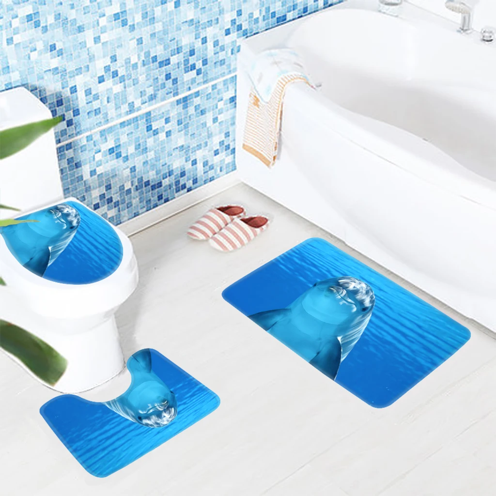 Blue Soft Bathroom Mat Sets Dolphin Underwater Bath Mat Non Slip Foam