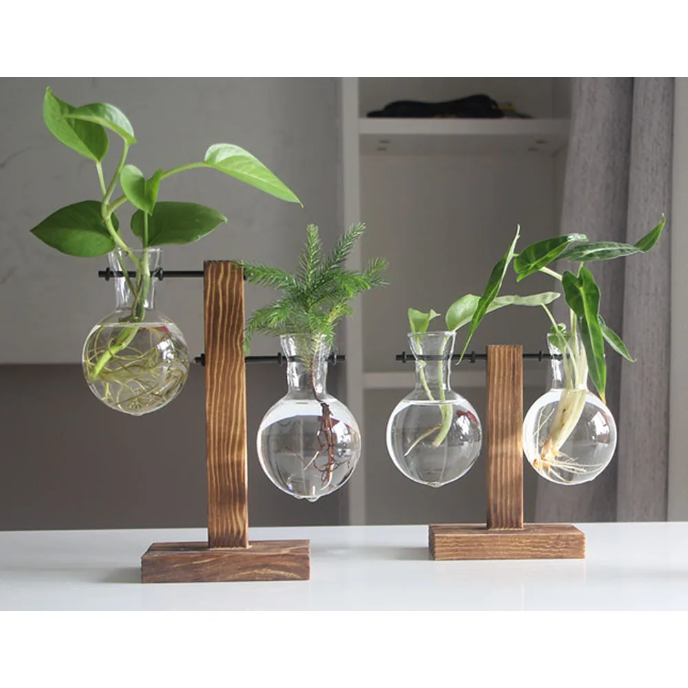 Гидропонные вазы для растений, винтажный цветочный горшок, прозрачная ваза, деревянная рамка, стеклянные настольные растения, домашний бонсай, декор для Прямая поставка