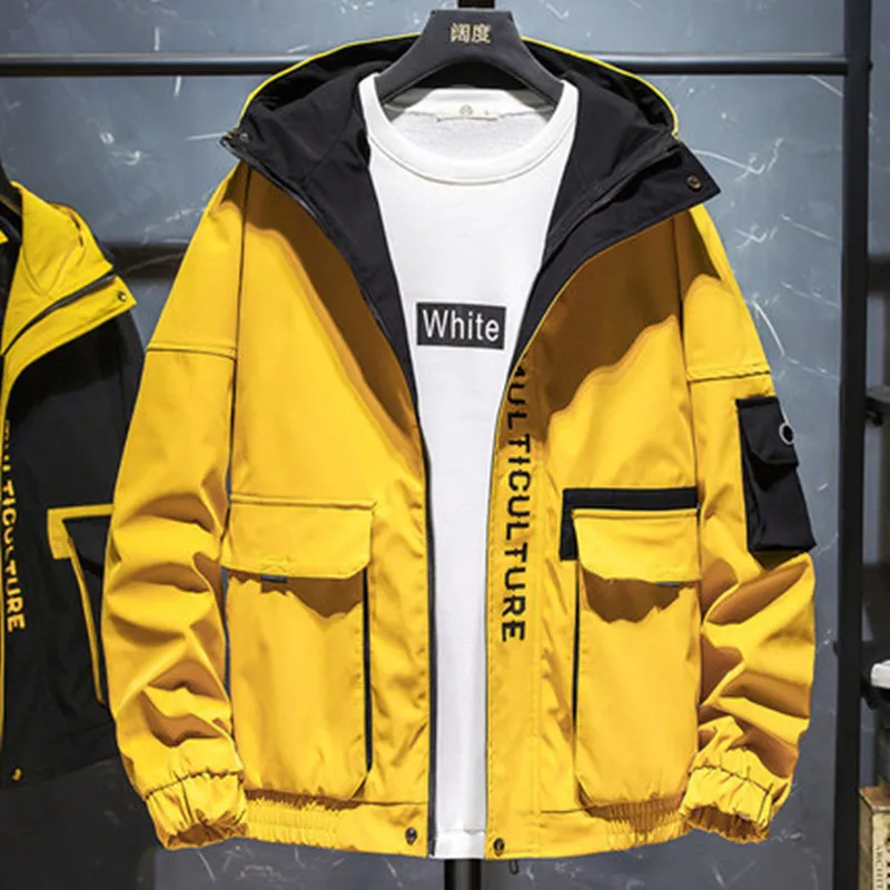 

Fashion men jacket Spring autumn hooded Casual coat mens Multi-pocket Windbreaker Male Solid color outerwear Brand clothing 3XL