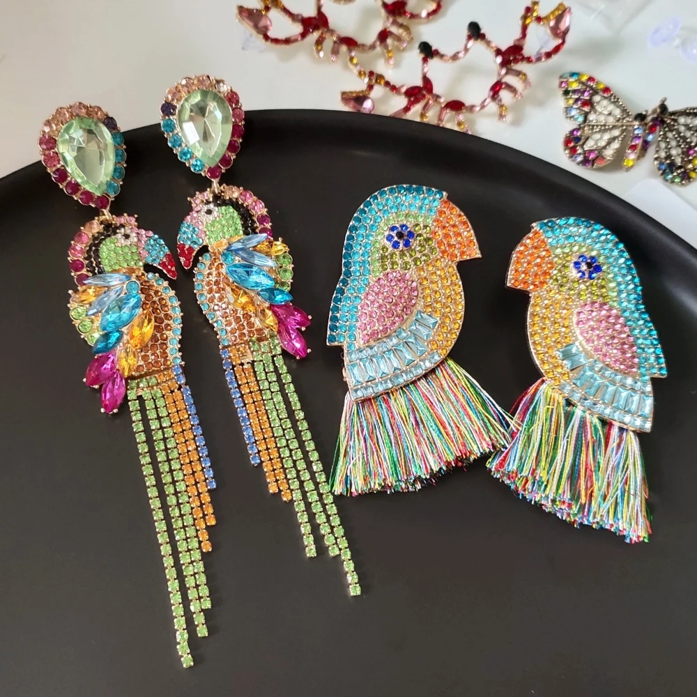 Bohemia Colorful Crystal Birds Fringed Drop Dangle Earrings Luxury Jewelry for Women Fish Earrings Accessories Crystal Tassel Earrings