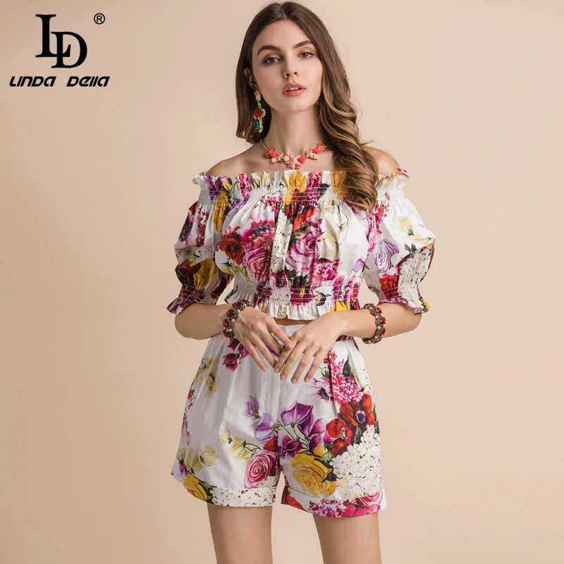

LD LINDA DELLA Casual Holiday Summer Suits Women's lantern Sleeve Slash neck Short T-shirt+Floral Print Shorts Two Pieces Set