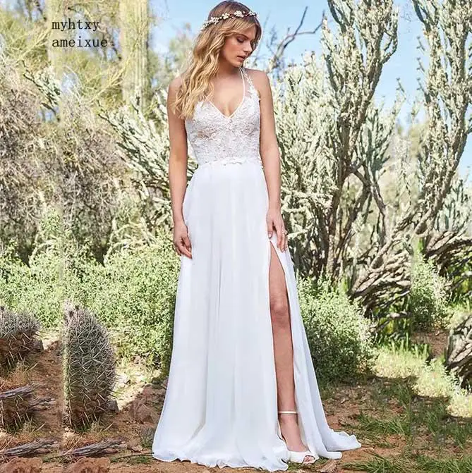 

Halter Neck Chiffon Boho Beach Wedding Dress 2019 With Lace Appliques Sexy Side Slit Sleeveless Bridal Gown Plus Size Cheap Sexy