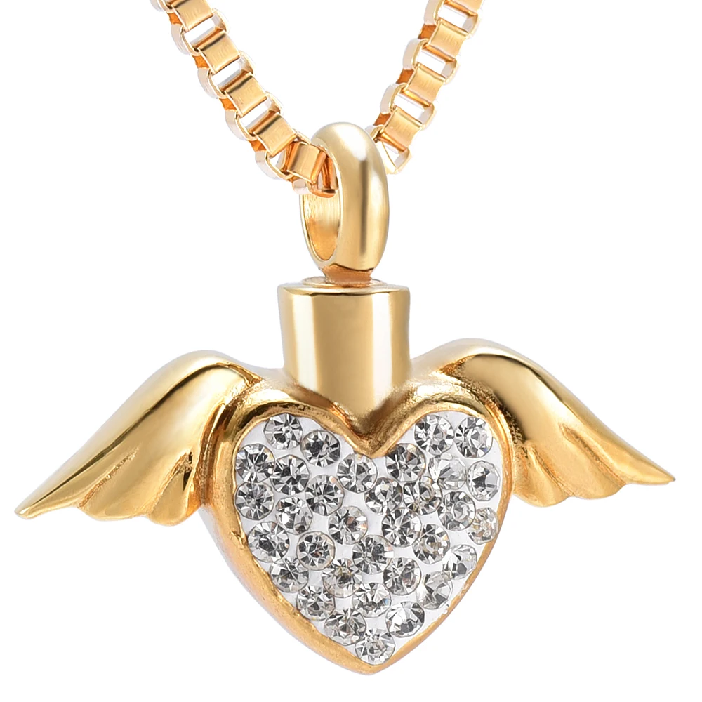 

Angel Wing Heart Memorial Jewelry Gold Cremation Urn Necklace for Ashes Crystal Pink Heart Stainless Steel Pendant Fashon Girls