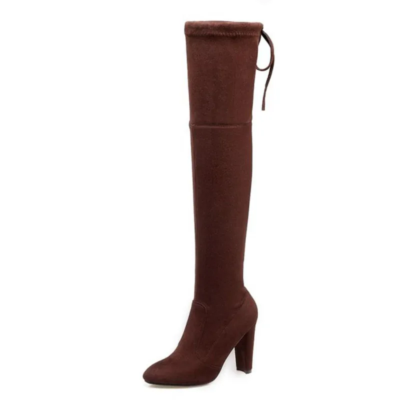 KemeKiss/модные женские сапоги на высоком каблуке размера плюс 33-46, теплая зимняя обувь на меху со шнуровкой, женские облегающие высокие сапоги до бедра, женская обувь
