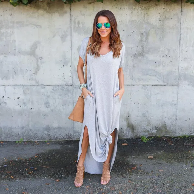 4 Colors Women Dresses Fashion Summer Boho Beach Dresses Split Short Sleeve Casual Dress Elegant Maxi Dress Vestido EY11 1