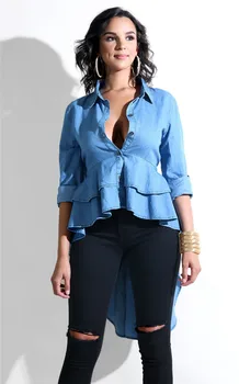 

2018 Summer New Women's Tops Long Sleeve Irregular Shirts Fashion Asymmetrical Blouse High Low Ruffled Denim Shirts