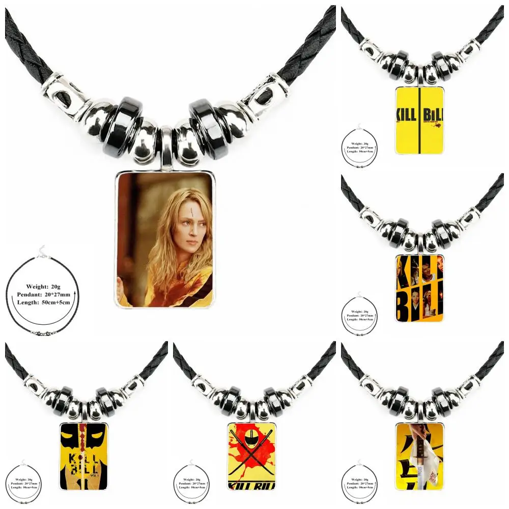 

For Girls Statement Maxi Vintage Black Leather Bead Pendant Jewelry Glass Cabochon Choker Necklace Kill Bill Quentin Tarantino