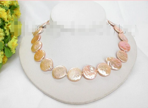 

FREE shipping>>>>>>AAA 17" 20mm coin fastener wafer pink pearl necklace new