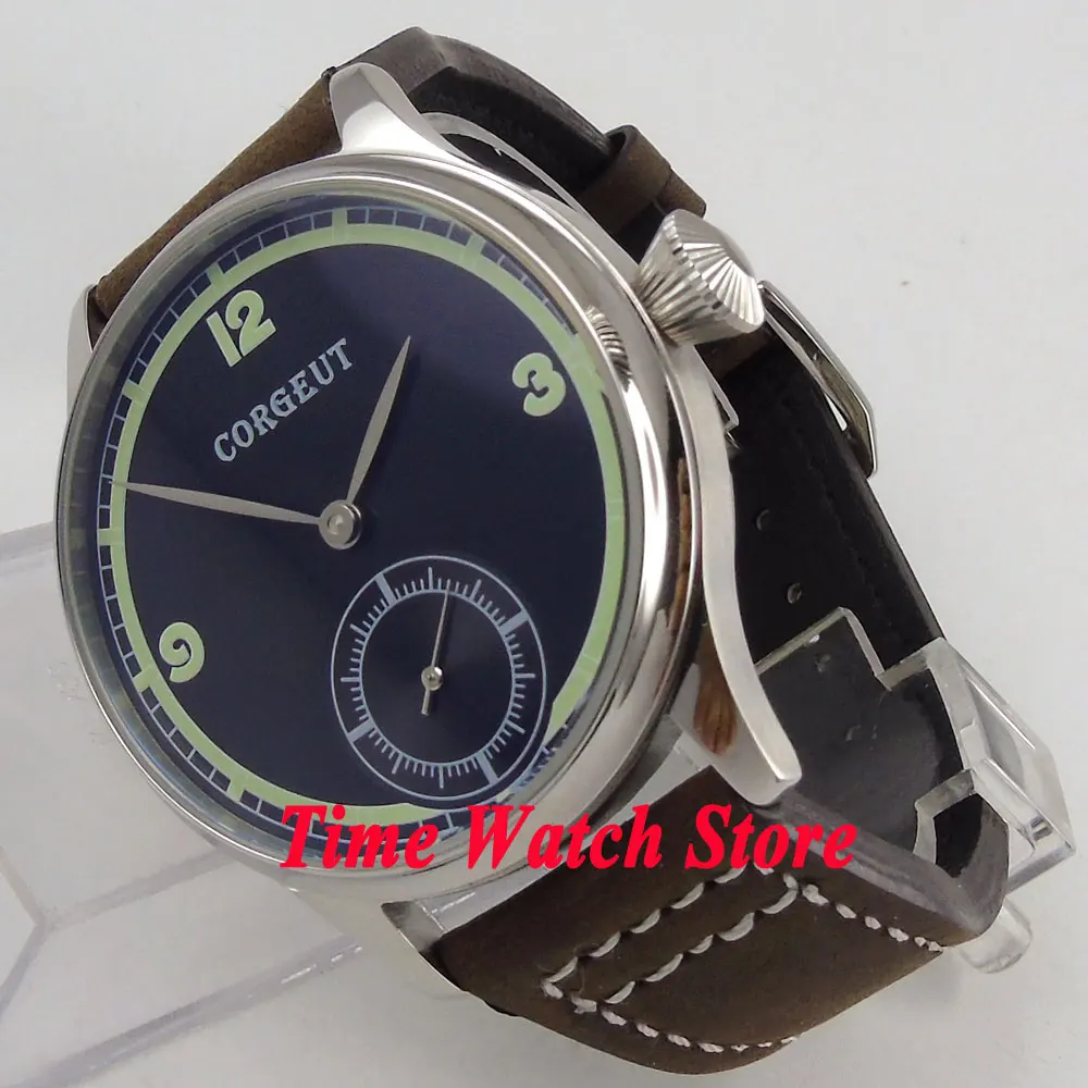 

Corgeut watch simple style 44mm men's watch blue simple dial 17 jewels mechanical 6498 hand winding movement Cor11