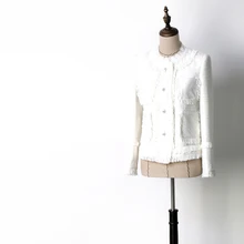 Женские Элегантные твидовые вязаные куртки с бахромой и цепочками, пальто, весенне-осенняя однобортная верхняя одежда с кисточками и жемчугом, белый цвет, JC2393