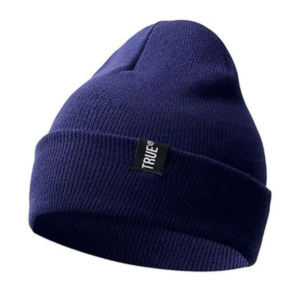 1 PCS Letter True Casual Beanies For Men Women Fashion Knitted Winter Hat Solid Color Hip-hop Skullies Bonnet Unisex Cap Gorros - Цвет: Navy Blue