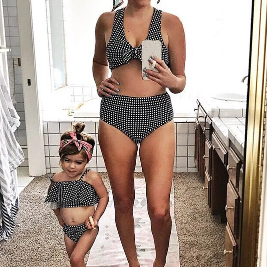 

Mom And Me Baby Girl Ruffles Wave Dot Print Summer Swimwear Swimsuit Bikini Outfits baby mom clothes mom daughter