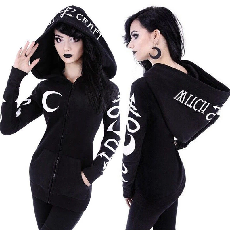 Women Gothic Punk Sport Sweatshirt Long Sleeve Hoodie Vintage Zipper Hooded Coat | Женская одежда