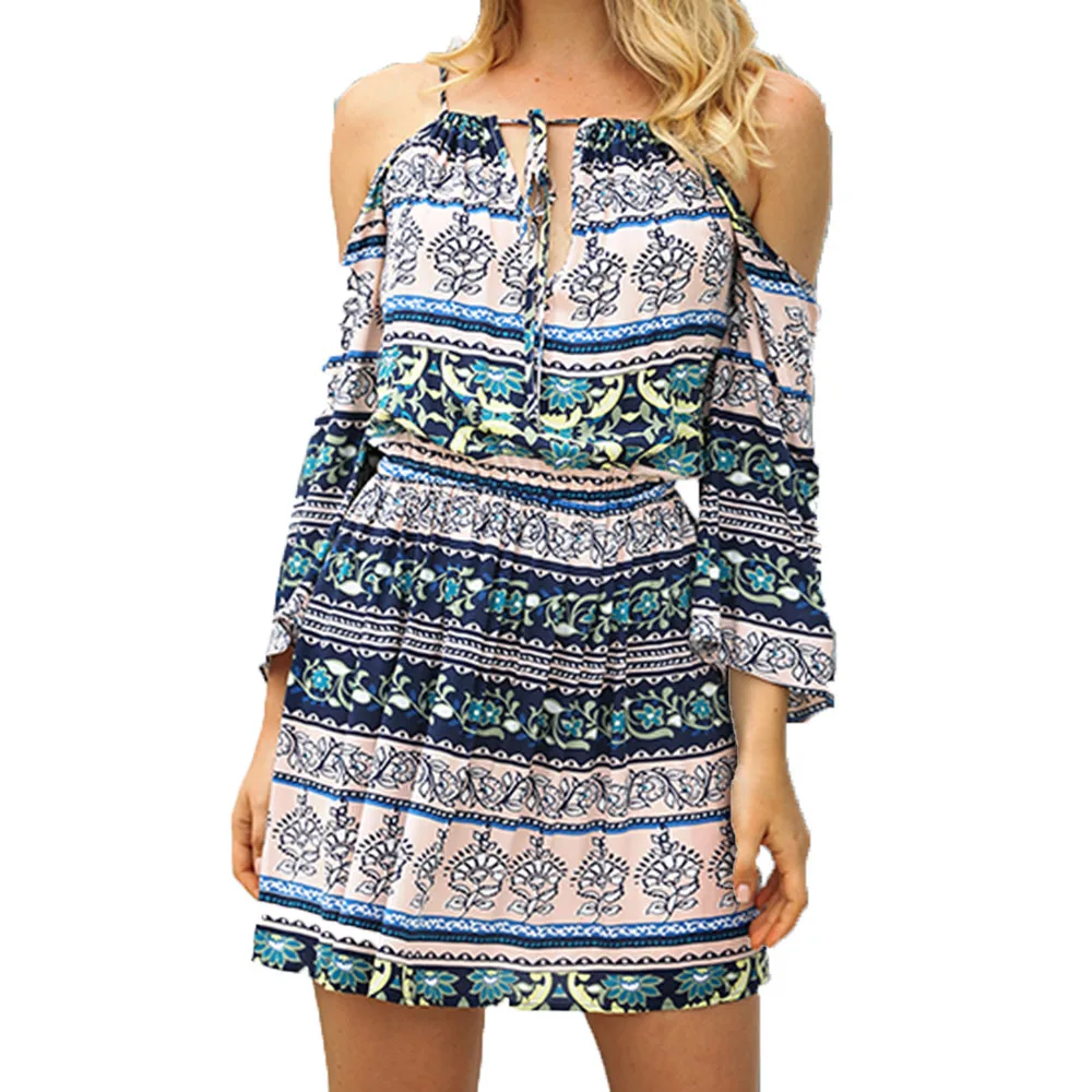 Above-Length Dress Stripes Printing Mini Dresses Holiday Cold Shoulder Causal Wrist Sleeve Drawstring Vestidos | Женская одежда