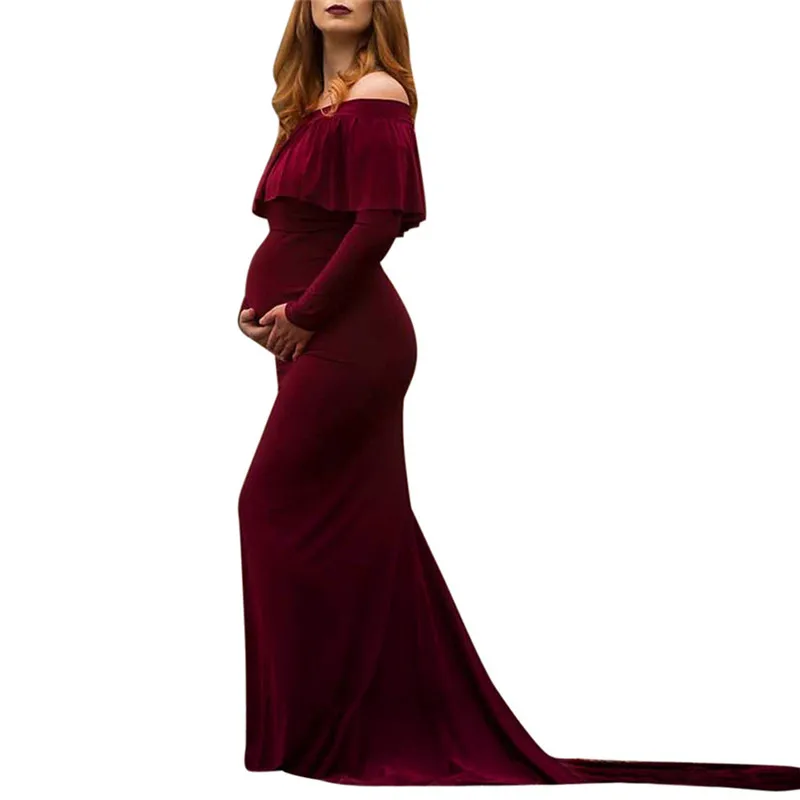 Женское сексуальное платье для беременных с открытыми плечами и оборками; длинное платье для беременных; одежда для фотосъемки; Одежда для беременных - Цвет: Wine