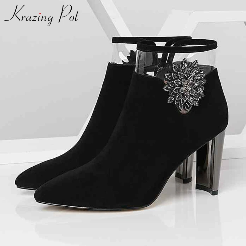 

Krazing Pot new sheep suede pointed toe metal high heels winter shoes flowers beading crystal zipper women jelly ankle boots L66