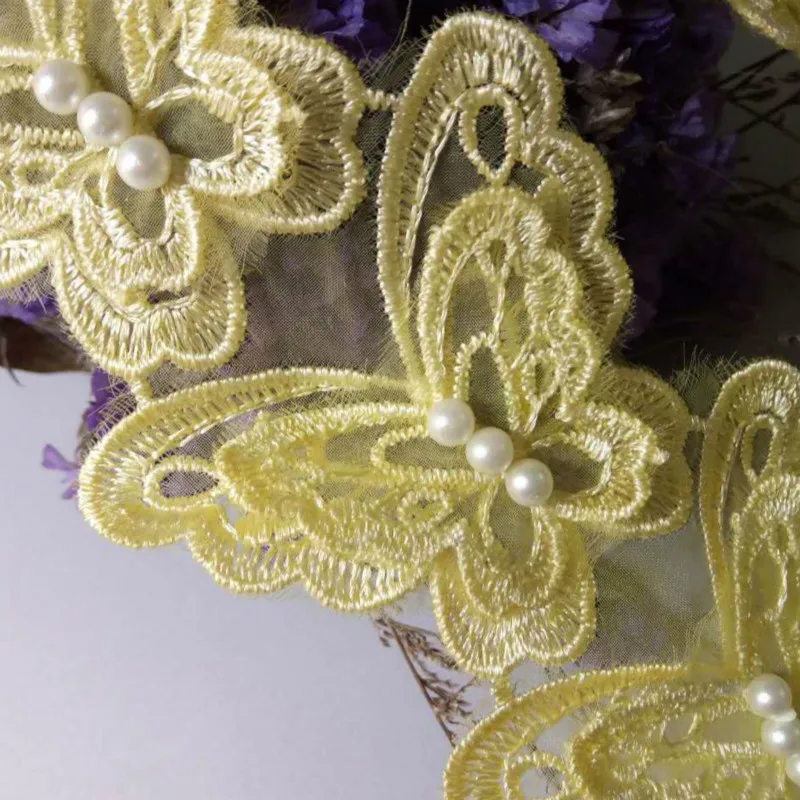 10x Yellow Butterfly Pearl Embroidered Lace Trim Ribbon Fabric Handmade DIY Sewing Craft For Costume Hat Shoes Decoration | Дом и сад