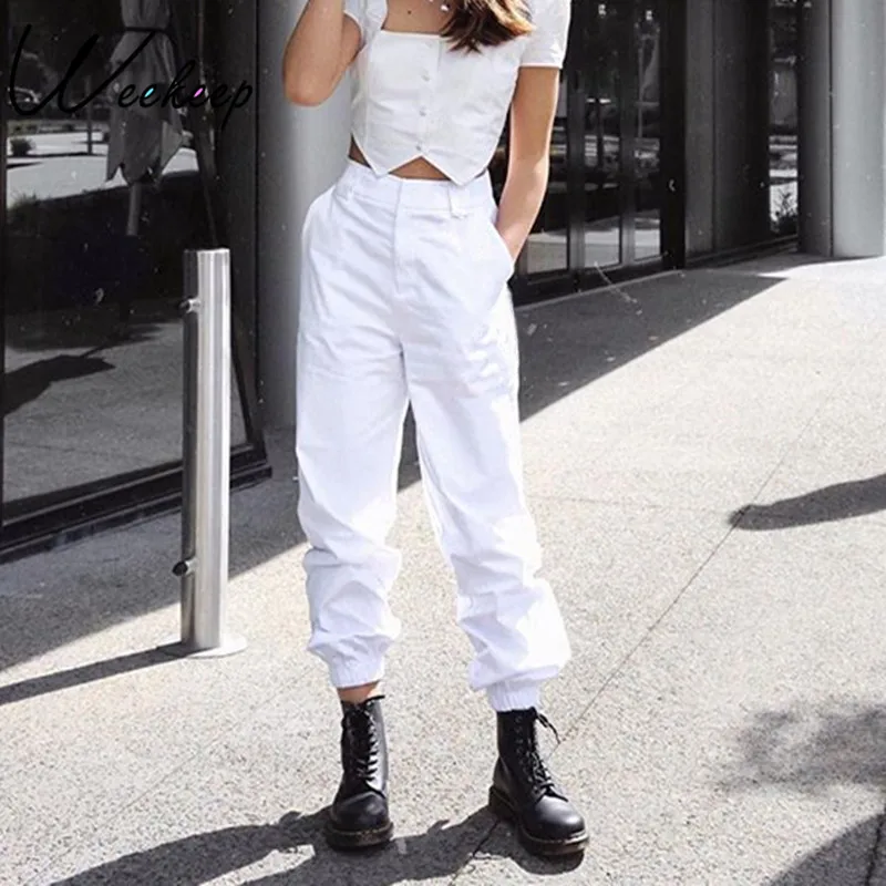 

Weekeep High Waist Women's Pants Casual Zipper Pockets OL Ankle-length Pants Womens White Fashion Sweat Pants Women Trousers