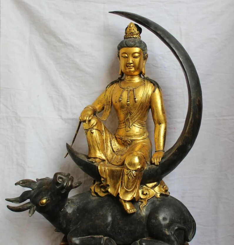 

S2066 26" Chinese Buddhism Bronze Gilt Moon Kwan-yin Guan Yin On OX Bull Beast Statue D0318