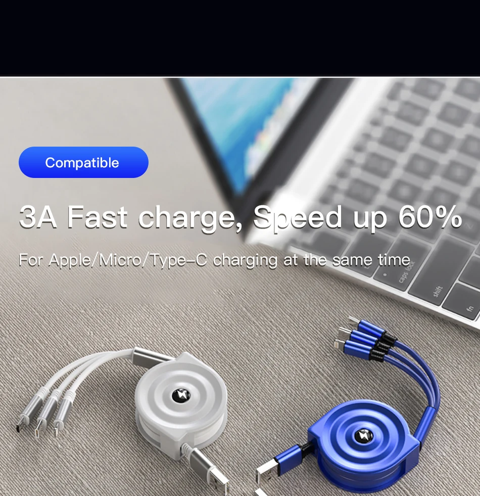 !ACCEZZ 3 in 1 Retractable USB Cable For iPhone XS XR Micro USB Type C TPE Fast Charging For Samsung Xiaomi Huawei Android Phone (20)