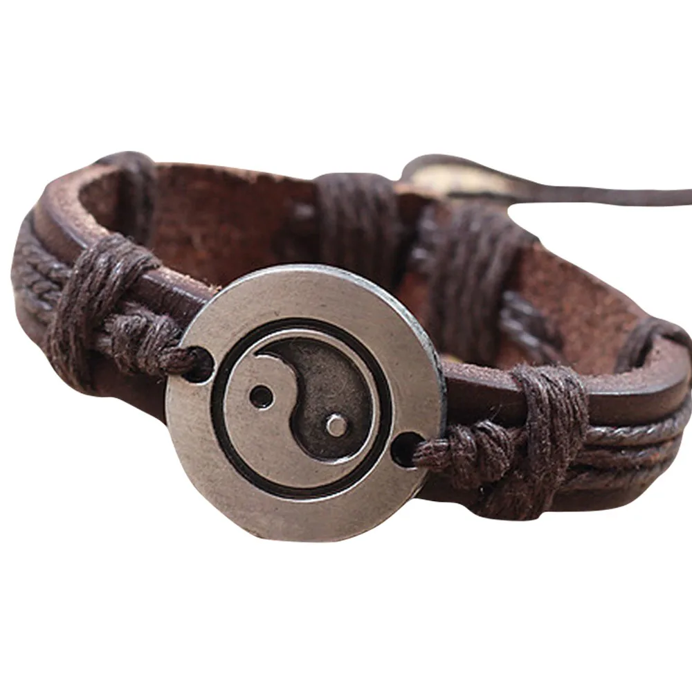 

2019 Europe Punk Hand Made Braided Charm Bracelet Bangles Tai Chi Ying Yang Wristband Cuff Leather Bracelet For Men Women Z0319