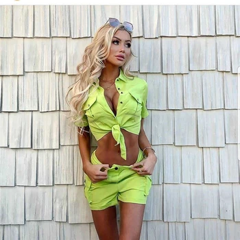 

Adogirl Fashion Casual Jeans Two Piece Set Short Sleeve Front Tie Shirt Crop Top Pockets Shorts Women Denim Suit Sexy Streetwear