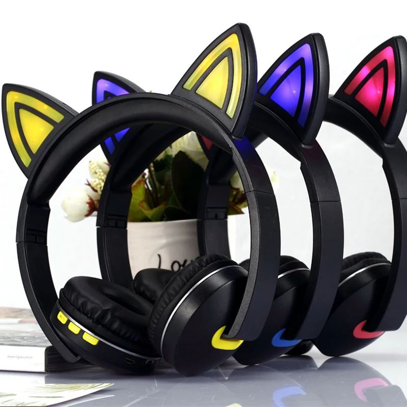 Cue Cat LED Foldable Bluetooth Headphone Wireless Headset Headband Stereo Earphone with Mic for Mobile Phone PC Gift Girls Kids