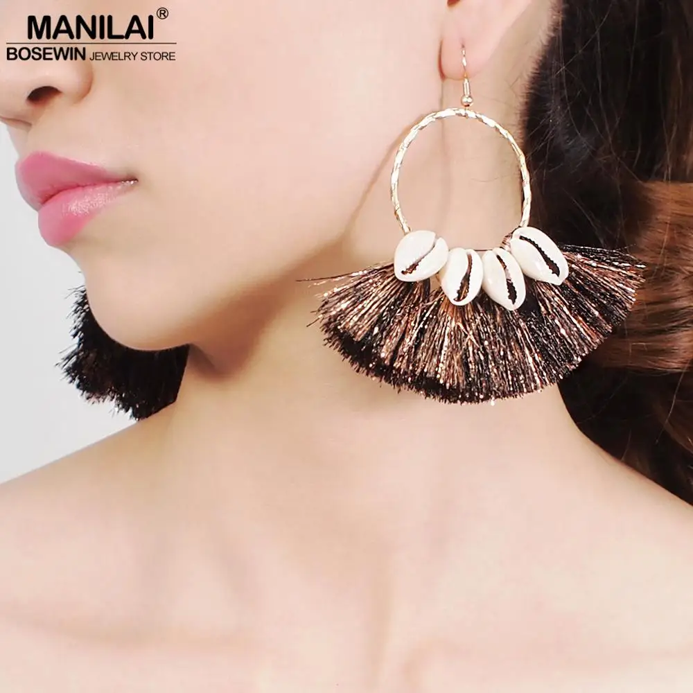 

MANILAI Bohemia Shell Tassels Earrings For Women Handmade Copper Wire circle Big Dangle Statement Earrings Beach Jewelry