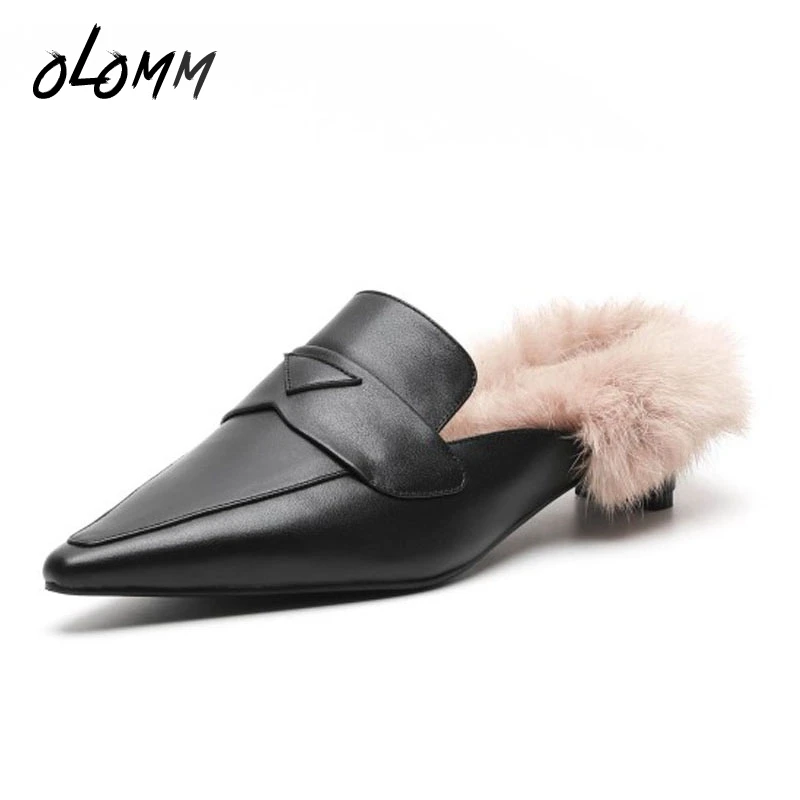 Autumn Winter Fashion Women Slippers Genuine Leather Shoes Mules Warm Fleeces Rabbit Fur Cow Pointed Toe Thin Low Heels | Обувь
