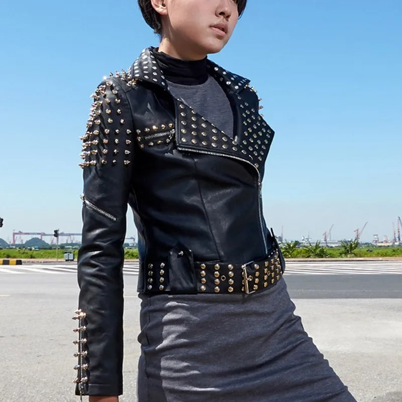 Vestes Mujer De Cuir Printemps Chaquetas Noir Biker En Femme Court Veste Ceinturé silver Rivet Pu Black Argent Motor Automne Femmes Nouveau U6UrqTFz