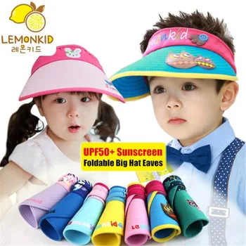 

Kids Foldable Sun Hat Wide Brim UPF50+ Anti-UV Boy&Girl Sunscreen Shade 3D Embroidery Cute Cartoon Children Empty Top Visor Cap
