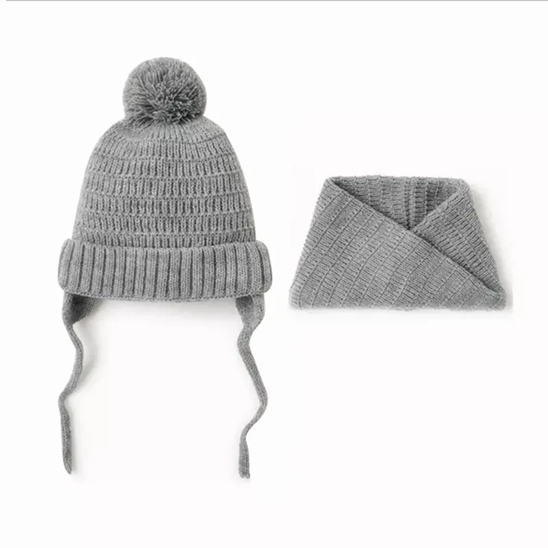 Зимняя шапка, шарф, набор для детей, одноцветная вязаная шапочка, зимняя мягкая шапка, шарфы, теплые шапочки с помпоном