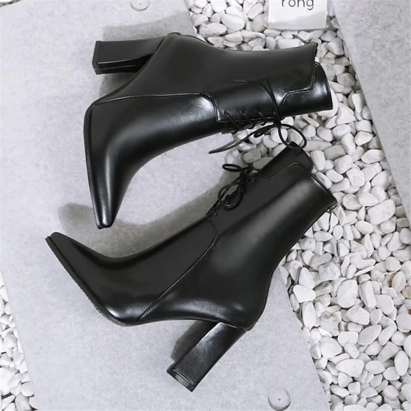Brand Designers 2018 New Winter Women Shoes Black High Heels Riding Boots Lacing Platform Ankle Boots Chunky Heel Big Size 32-43 (23)