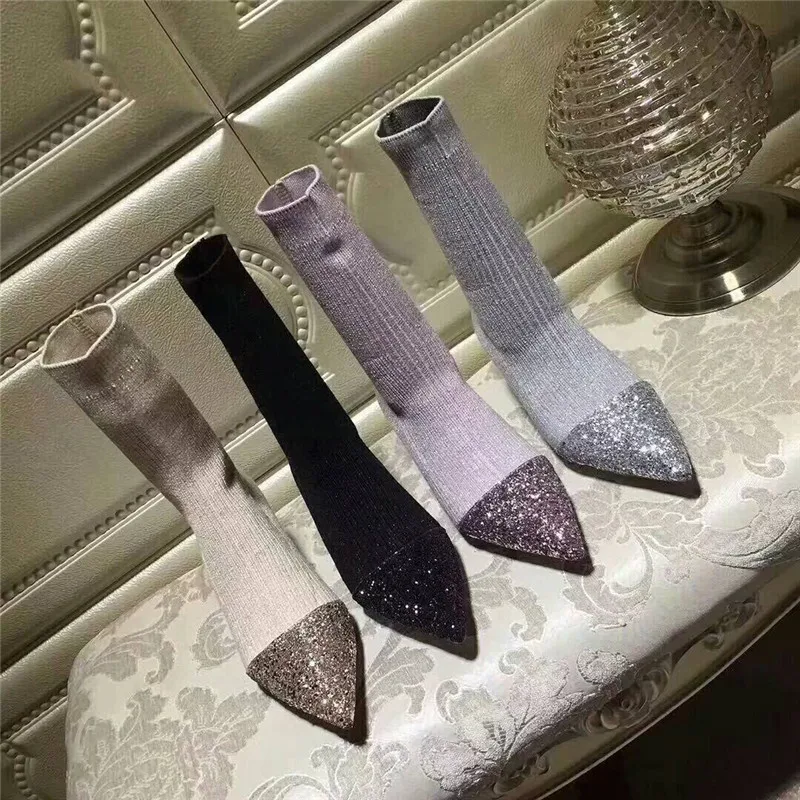 

2018 new short boots female winter stretch knit wool socks boots black pointed stiletto with the cat in the tube boots.