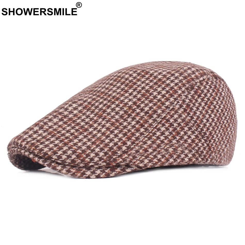 

SHOWERSMILE Beret Men Hat Orange Flat Caps Houndstooth Tweed Duckbill Ivy Cap Women Vintage British Tartan Autumn Directors Caps