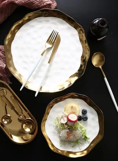 Золотая инкрустация блюда для еды керамическая белая тарелка для обеда с золотым краем kicthenware тарелки для продуктов китайский круглый поднос
