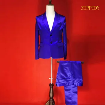 

Customize Blue Violet Satin Bright Surface Men Luxury Suit Set Male Singer Dj Nightclub Ds Stage Show Costume Celebrate Outfit