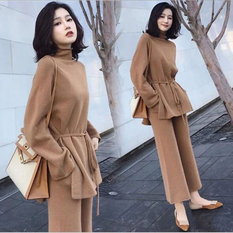 

Women Spring Solid Knitting Sashes Turtleneck Pullovers Top + Wide Leg Pants Sets Knitted Sweaters Trousers Set 2 Pieces Outfits