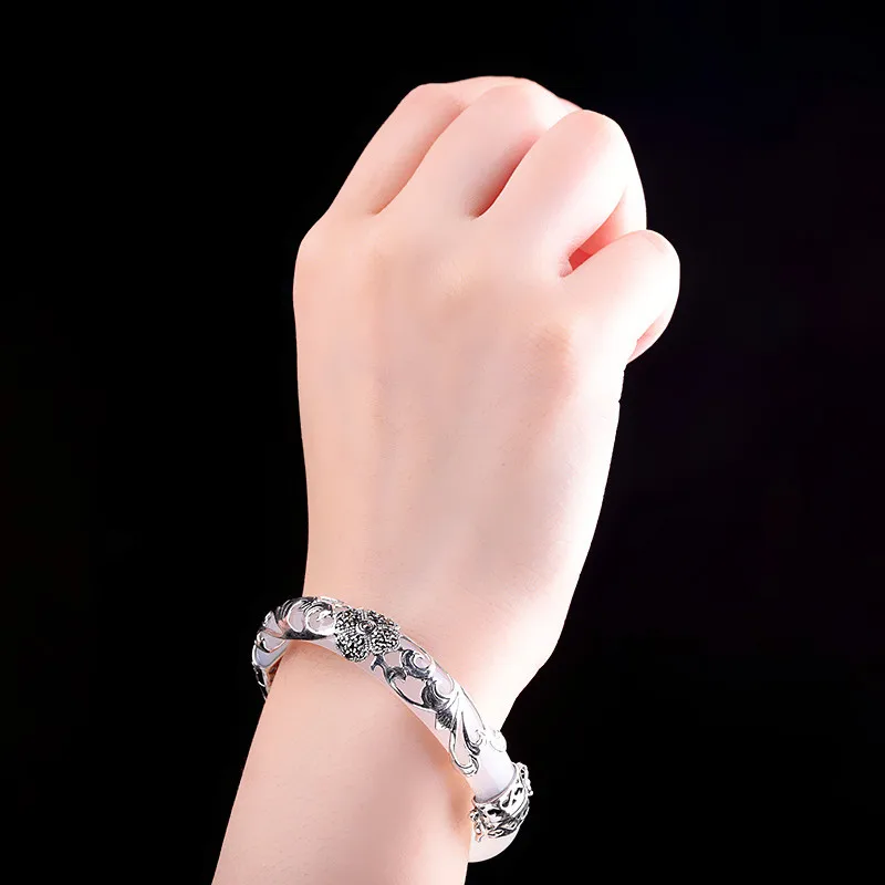 Silver Handmade Natural White Jade Bangles