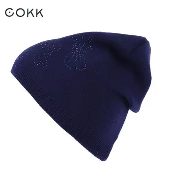 

COKK Beanie Winter Hats For Women Knitted Cap Rabbit Wool Beanies Female Rhinestone Bow Bonnet Femme Bone Skullies Warm Gorros