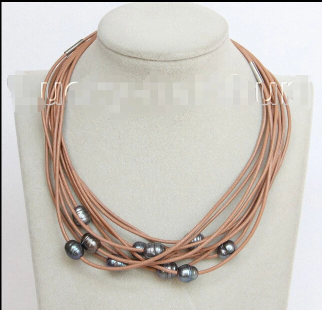 

shipping wholesale 10 piece 11mm Black freshwater pearls khaki leather necklace j10692