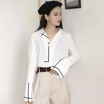 

Lychee Girls Chiffon V Neck Women Blouses Shirts Button Flare Long Sleeve Female Blouses Spring Autumn Shirts