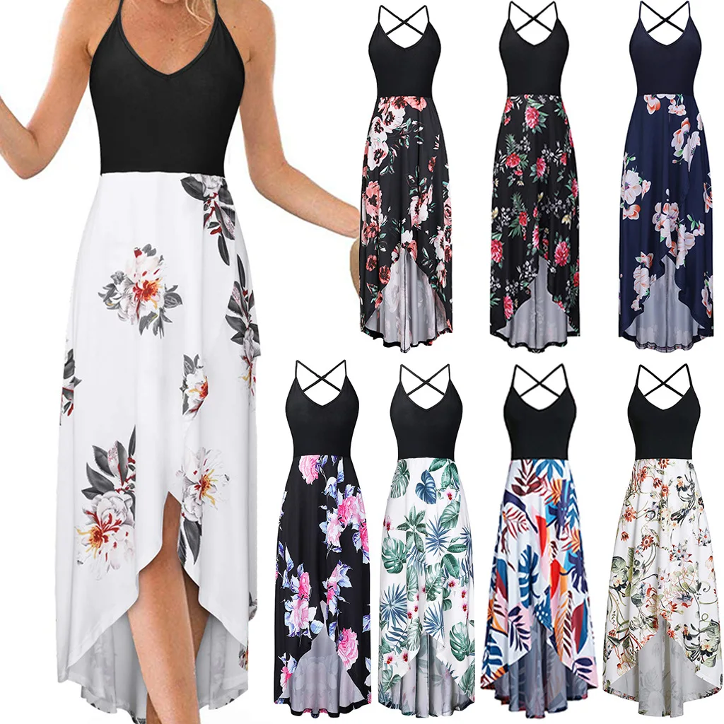 2019 Summer popular fashion cool long flora V-neck Sleeveless Strappy Backless Sexy Color Panel Printed Dress | Женская одежда