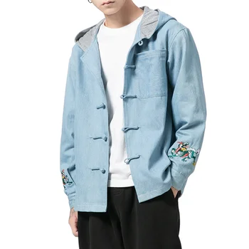 

Men Chinese Style Embroidered Denim Hooded Jacket Male Cotton Fashion Casual Loose Jeans Coat Spring Autumn Overcoat M-4XL